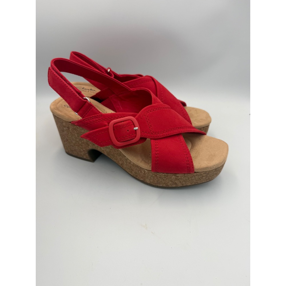 Clarks Nerisa Grace Red Nubuck Leather Wedge Sandals Platform Slingback 8.5 M - Picture 3 of 6